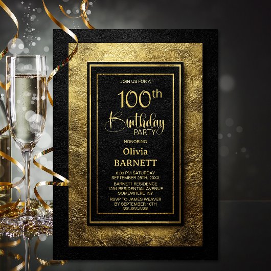 Invitation Stylish Black Gold 100th Birthday Party