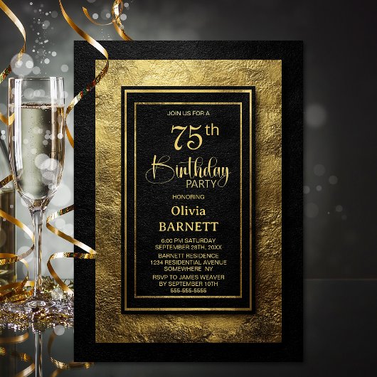 Invitation Stylish Black Gold 75th Birthday Party
