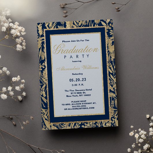 Invitation Stylish bleu marine or parties scintillant florale
