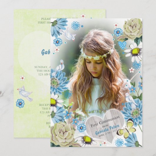 Invitation Stylish Blue & green First Holy Communion Floral (Devant / Derrière)