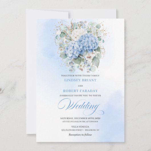 Invitation Stylish Blue Hydrangea Eucalyptus Wedding Invite (Devant)