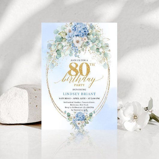 Invitation Stylish Blue Hydrangea Gold Accent 80th Birthday