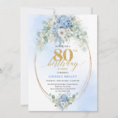 Invitation Stylish Blue Hydrangea Gold Accent 80th Birthday (Devant)