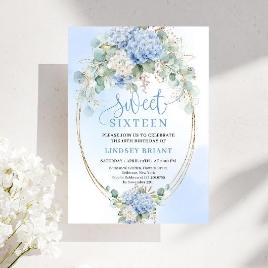 Invitation Stylish Blue Hydrangea Gold Accent Sweet Sixteen