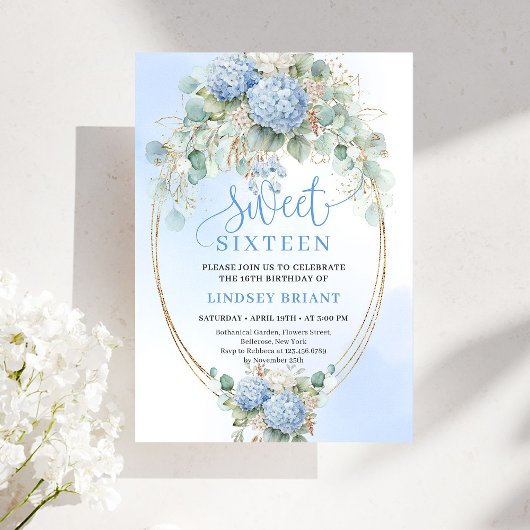 Invitation Stylish Blue Hydrangeas Sweet Sixteen Celebration 
