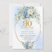 Invitation Stylish Blue Peony Gold Frame 90th Birthday Invite (Devant)