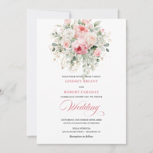 Invitation Stylish Blush Peony Greenery Gold Wedding Invite (Devant)