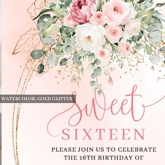 Invitation Stylish Blush Roses Gold Script 16th Birthday 