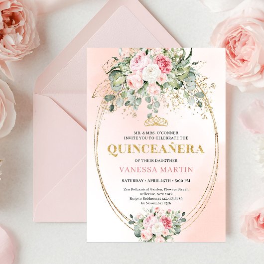 Invitation Stylish Blush Roses Greenery Quinceañera Invite