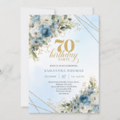Invitation Stylish bohemian blue florals gold 70th birthday  (Devant)