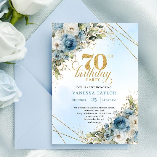 Invitation Stylish bohemian blue florals gold 70th birthday 