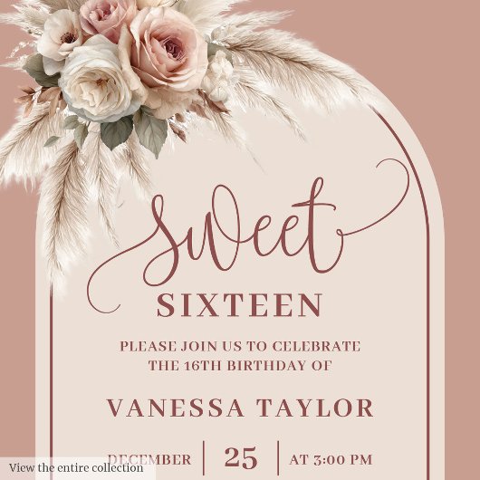 Invitation Stylish Boho Arch Powder Pink Pampas Floral 16th