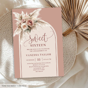 Invitation Stylish Boho Arche Poudre Rose Pampas Floral 16ème