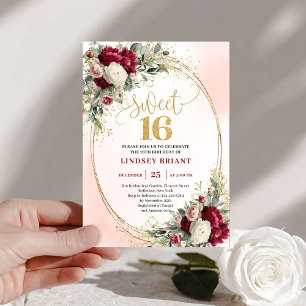 Invitation Stylish Boho Bourgogne Blush Or Floral Sweet 16ème