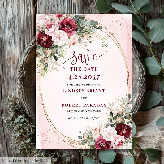 Invitation Stylish Boho Burgundy Blush Gold Floral Save date