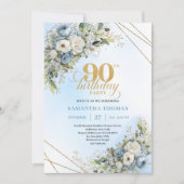 Invitation Stylish Boho Dusty Blue Gold Accent 90th Birthday (Devant)