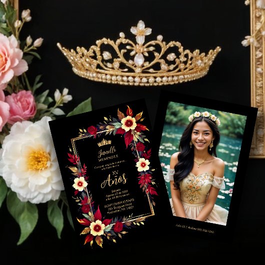 Invitation  Stylish Botanical Red Shades Frame Photo Spanish 