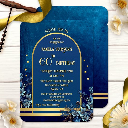 Invitation Stylish Classic Blue Gold Floral Birthday