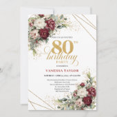 Invitation Stylish Deep Red Flowers Eucalyptus Gold 80th Birt (Devant)
