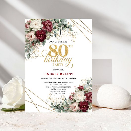Invitation Stylish Deep Red Flowers Eucalyptus Gold 80th Birt