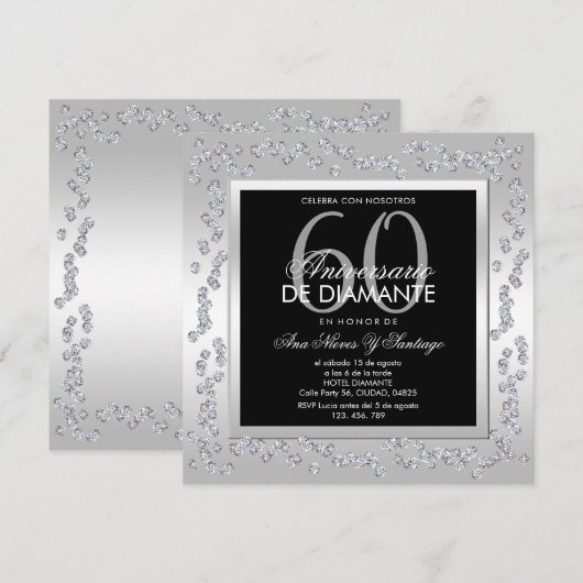 Invitation Stylish Diamonds Silver 60th Wedding Anniversary (Devant / Derrière)