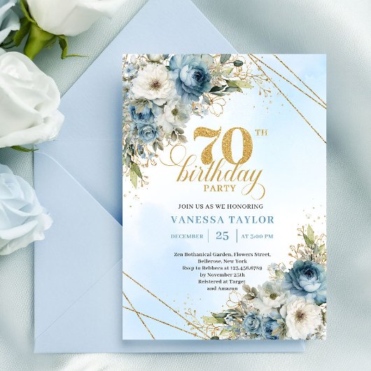 Invitation Stylish dusty blue eucalyptus gold 70th birthday 