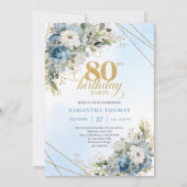 Invitation Stylish Dusty Blue Floral Gold 80th Birthday Invit (Devant)