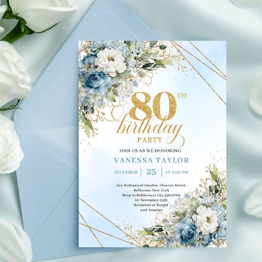 Invitation Stylish Dusty Blue Floral Gold 80th Birthday Invit