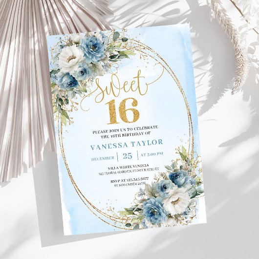 Invitation Stylish Dusty Blue Floral Gold Sweet 16th Invite