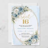 Invitation Stylish Dusty Blue Floral Gold Sweet 16th Invite (Devant)