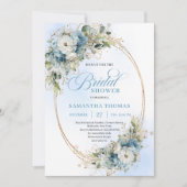 Invitation Stylish Dusty Blue Flowers Gold Frame Bridal Showe (Devant)