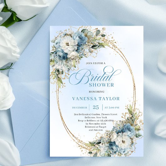 Invitation Stylish Dusty Blue Flowers Gold Frame Bridal Showe