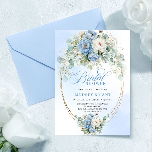 Invitation Stylish Dusty Blue Flowers Greenery Bridal Shower