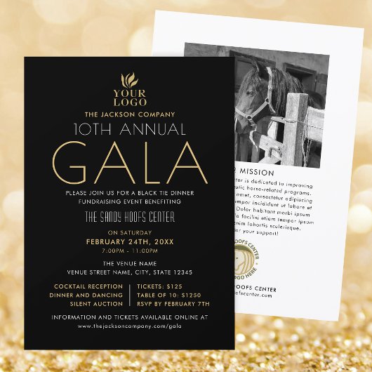 Invitation Stylish Gala Custom Event Logo Photo Black Gold