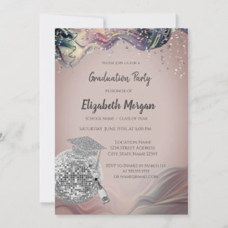 Invitation Stylish Grad Cap,Disco Ball,Wine Violet Abstract