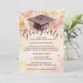 Invitation Stylish Graduation Cap 4-Photo Collage Floral (Debout devant)