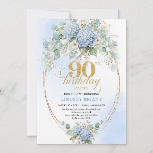 Invitation Stylish Light Blue Hydrangeas 90th Birthday Invite (Devant)