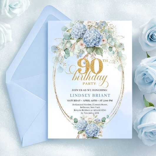 Invitation Stylish Light Blue Hydrangeas 90th Birthday Invite