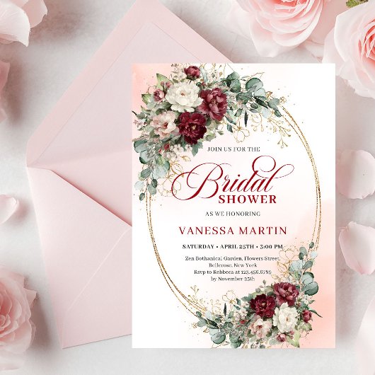 Invitation Stylish Maroon Flowers Eucalyptus Bridal Shower  
