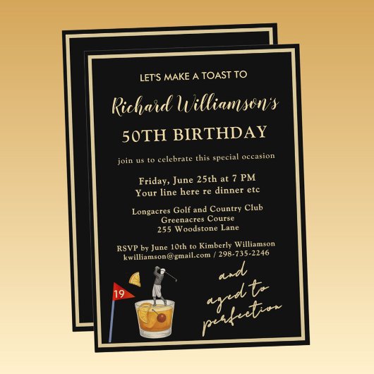 Invitation Stylish Modern Black & Gold 50th Birthday Party