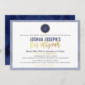Invitation STYLISH MONOGRAM BAR MITZVAH marine bleu or script (Devant / Derrière)