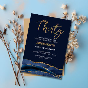 Invitation Stylish Navy Blue Gold Agate 30e fête d'anniversai