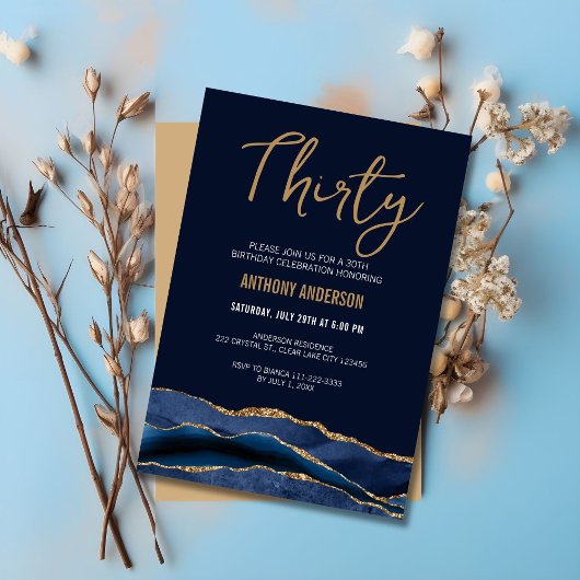 Invitation Stylish Navy Blue Gold Agate 30e fête d'anniversai