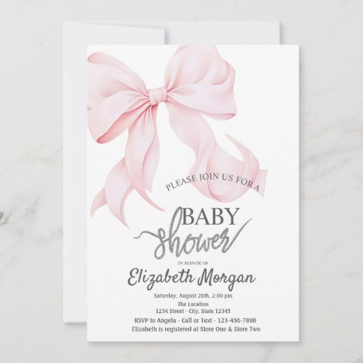 Invitation Stylish Pink Bow Striped Baby Shower (Devant)