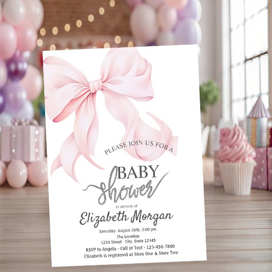 Invitation Stylish Pink Bow Striped Baby Shower