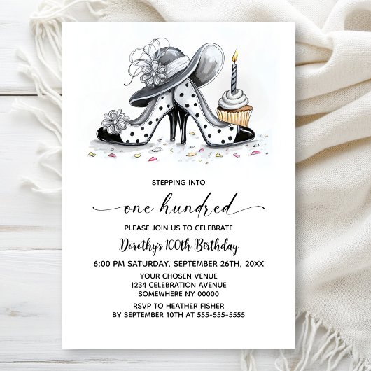 Invitation Stylish Polka Dot High Heel Shoes 100th Birthday