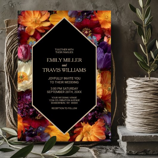 Invitation Stylish Purple and Orange Floral Black Wedding
