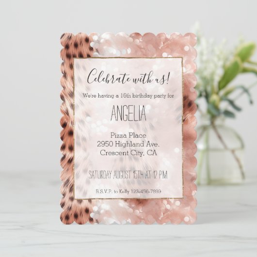 Invitation Stylish Rose rose rose or Leopard Glitz (Debout devant)