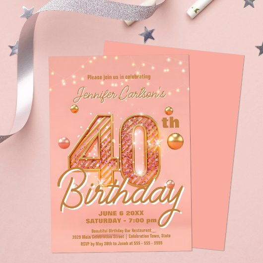 Invitation Stylish Sparkling Soft Pink & Gold 40e anniversair