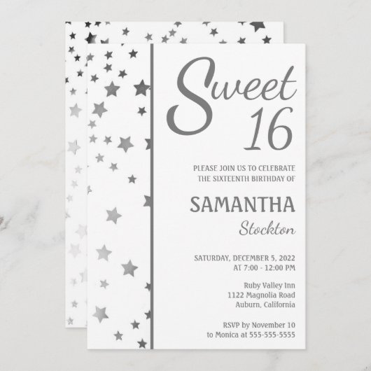 Invitation Stylish Stars Sweet 16 (Devant / Derrière)